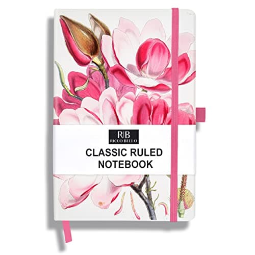 RICCO BELLO Lined Journal Notebook with Pen Holder, Hardcover, College Ruled, for Work, Notes | 96 Sheets /192 Lined Pages, 5.7 x 8.4-Inches (Pink Magnolia)