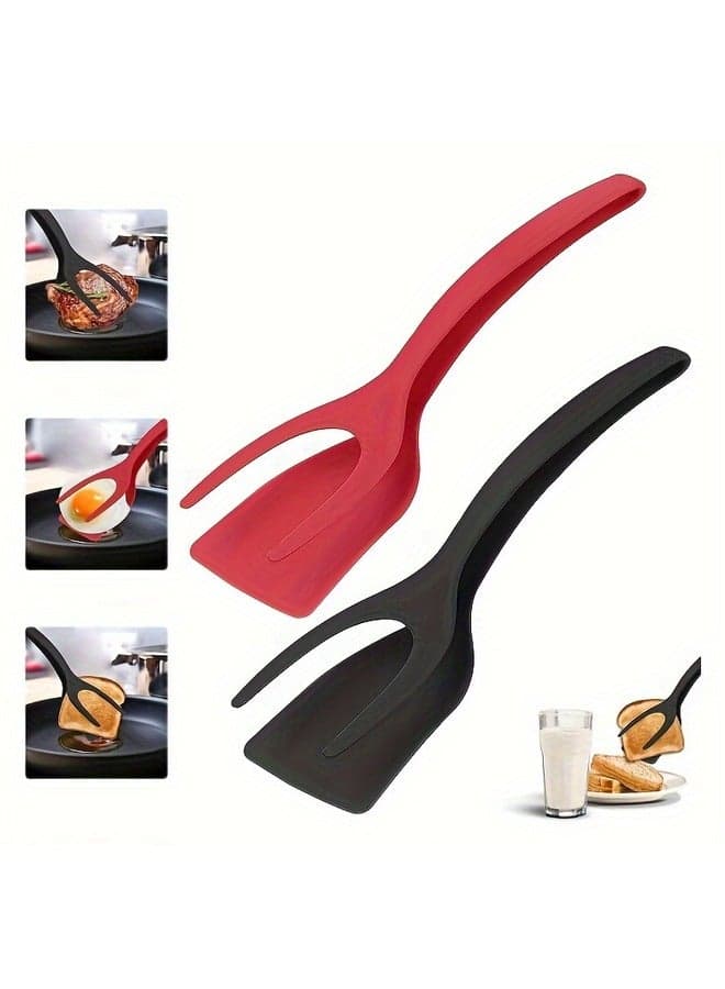 Egg Flipper Spatula 2 PCS 2 in 1 Grip and Flip Spatula Tongs Spatulas for Kitchen use Eggflipper Spatulaflipper Eggturner Pancake Fish French Toast Omelet Making for Home Cooking Tool (black and red)