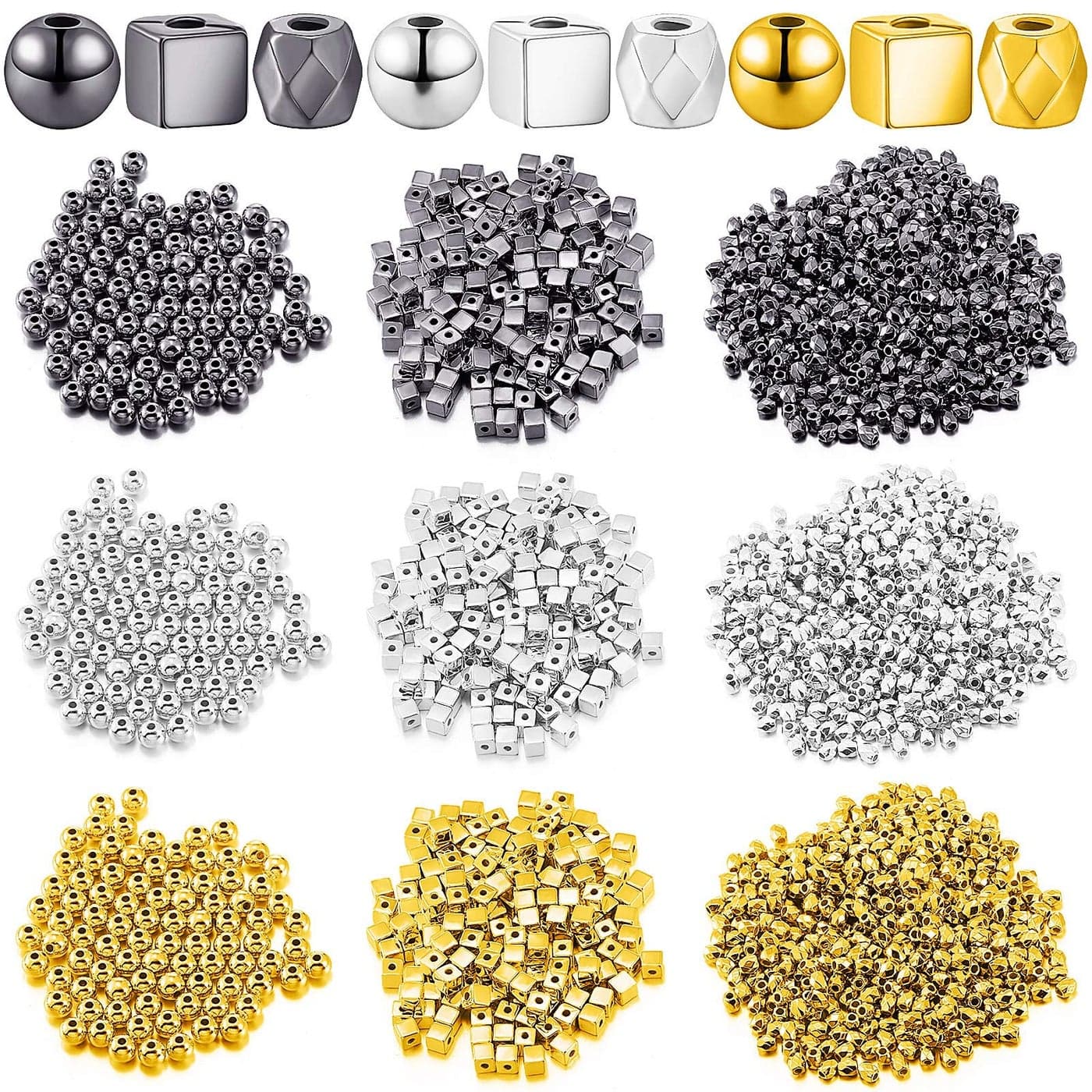 Yaomiao 3000 Pieces Spacer Beads Set Friendship Bracelet Kit Bracelet Beads Assorted Round Cube Column Gold Sliver Beads for Bracelet Jewelry MakingGold Sliver Black