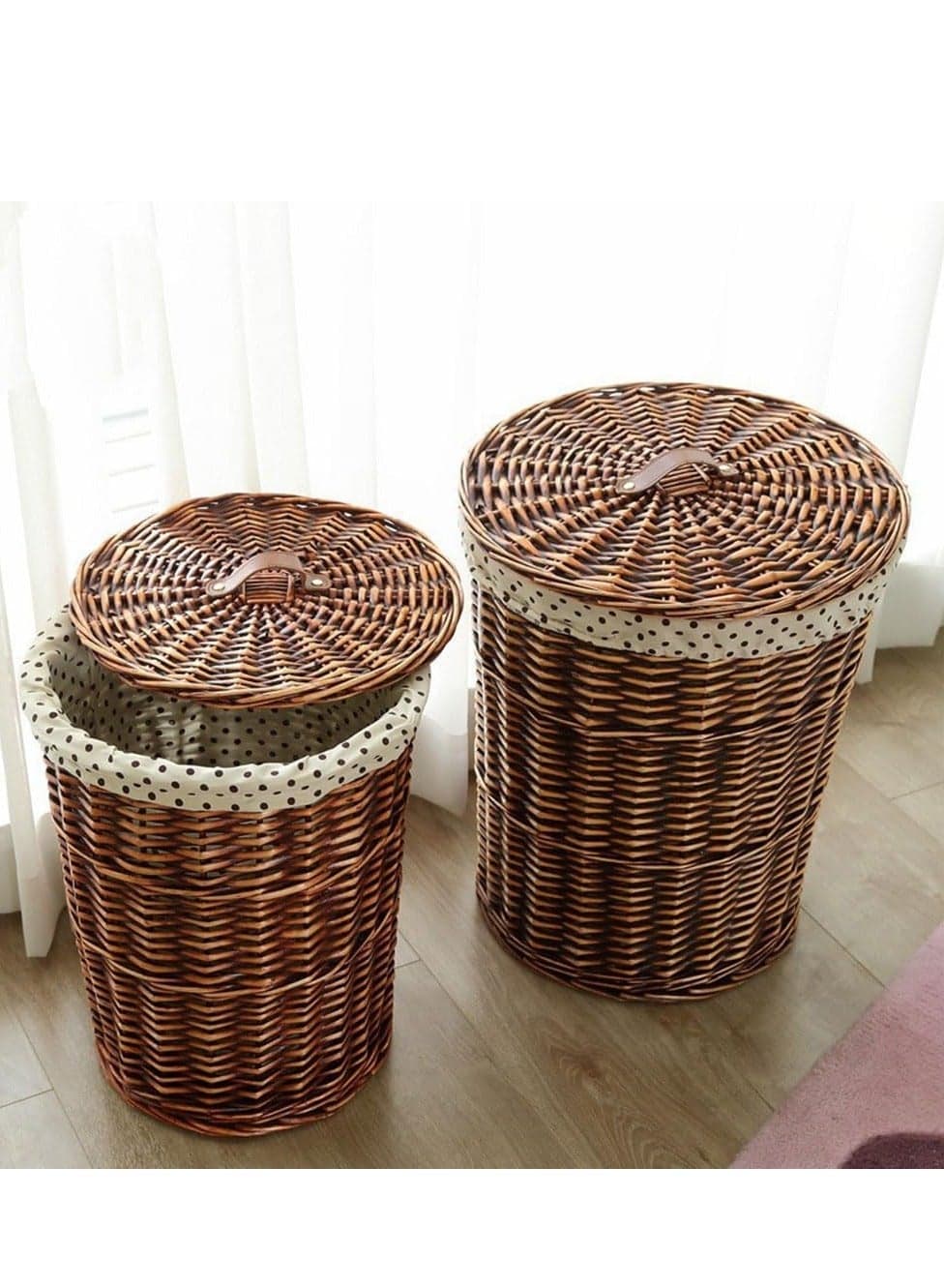 2-Size Laundry Basket, Rattan Laundry Basket with Lid, Dirty Clothes Hampers, Basket Organizers Hand-Made Households Storage Basket with Fabric Bag for Bedroom Living Room