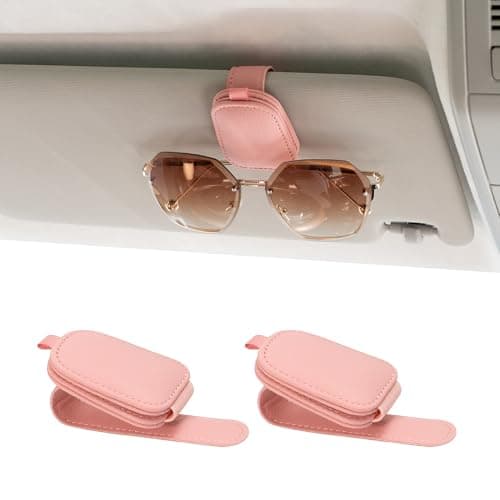 Yuoyar Sunglass Holder for Car, Magnetic Leather Sunglasses Holder and Ticket Card Clip, Car Visor Accessories, 2 Packs (Pink)