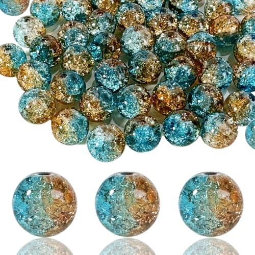 100Pcs 10mm Crackle Glass Beads for Jewelry Making Round Spacer Crystal Beads Bulk DIY Craft Supplies for Necklace Bracelet Earrings Brown Blue