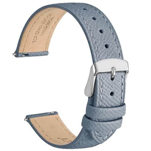 WOCCI 18mm Grace Watch Band for Ladies, Top Grain Leather, Quick Release Replacement Strap with Silver Buckle (Mist Blue)