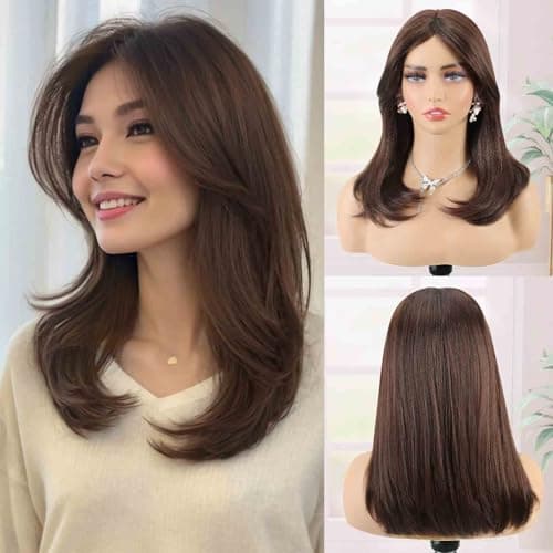 Creamily Chestnut Brown 16" Full Head Hair Wig for Women,Synthetic Short Hair Wigs for Women,Natural Looking Wigs for Diwali/Daily/Party (Chestnut Brown)
