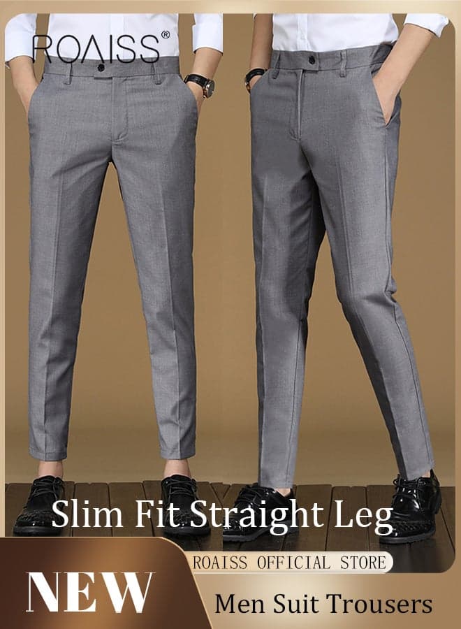 Men Slim Fit Straight Leg Dress Pants, Stretch Cropped Mid Rise Formal Trousers, Tailored Flat Front Suit Pants, Slimming Comfortable Business Slacks for Office Work Wedding Daily Casual, Light Gray