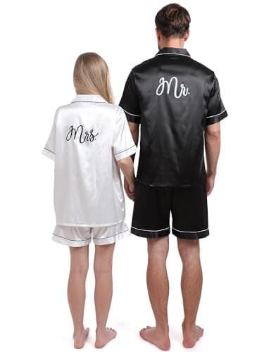 Jecery Mr and Mrs Pajamas Sets Matching Pajamas for Couple His and Hers Satin Button Pjs Short Sleeve Sleepwear for Women Men(Women,Small,Black Everything)