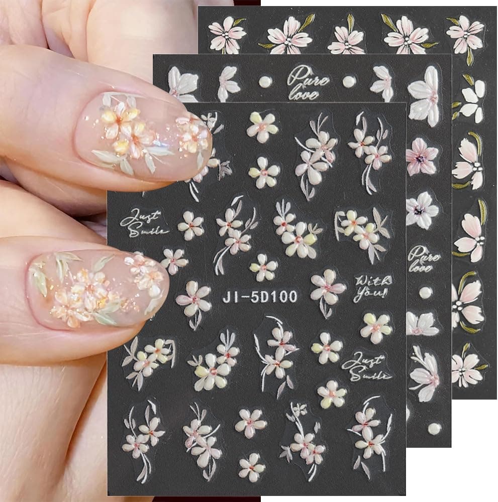 6 Sheets 5D Embossed Sakura Flower Nail Stickers For Nail Art,Cherry Blossom Petals Nail Design Nail Art Stickers Spring Floral Nail Decals Pink Flowers Nail Sticker For Nail Supplies Nail Accessories