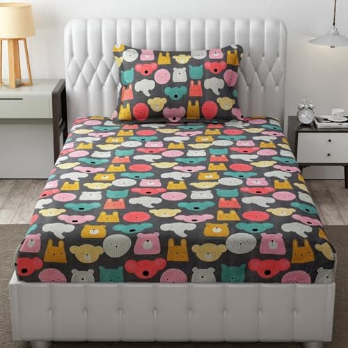 FRESH FROM LOOM Glace Cotton Wrinkle Free Soft Hypoallergenic Bed Sheet | Cartoon Printed Single Bedsheet With One Pillow Cover For Kids (60X90 Inches/Black/Cartoon), 144 tc