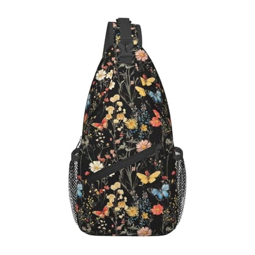 SUPLUCHOM Sling Bag Wildflower Botanical Butterfly Flower Hiking Daypack Crossbody Shoulder Backpack Travel Chest Pack for Men Women