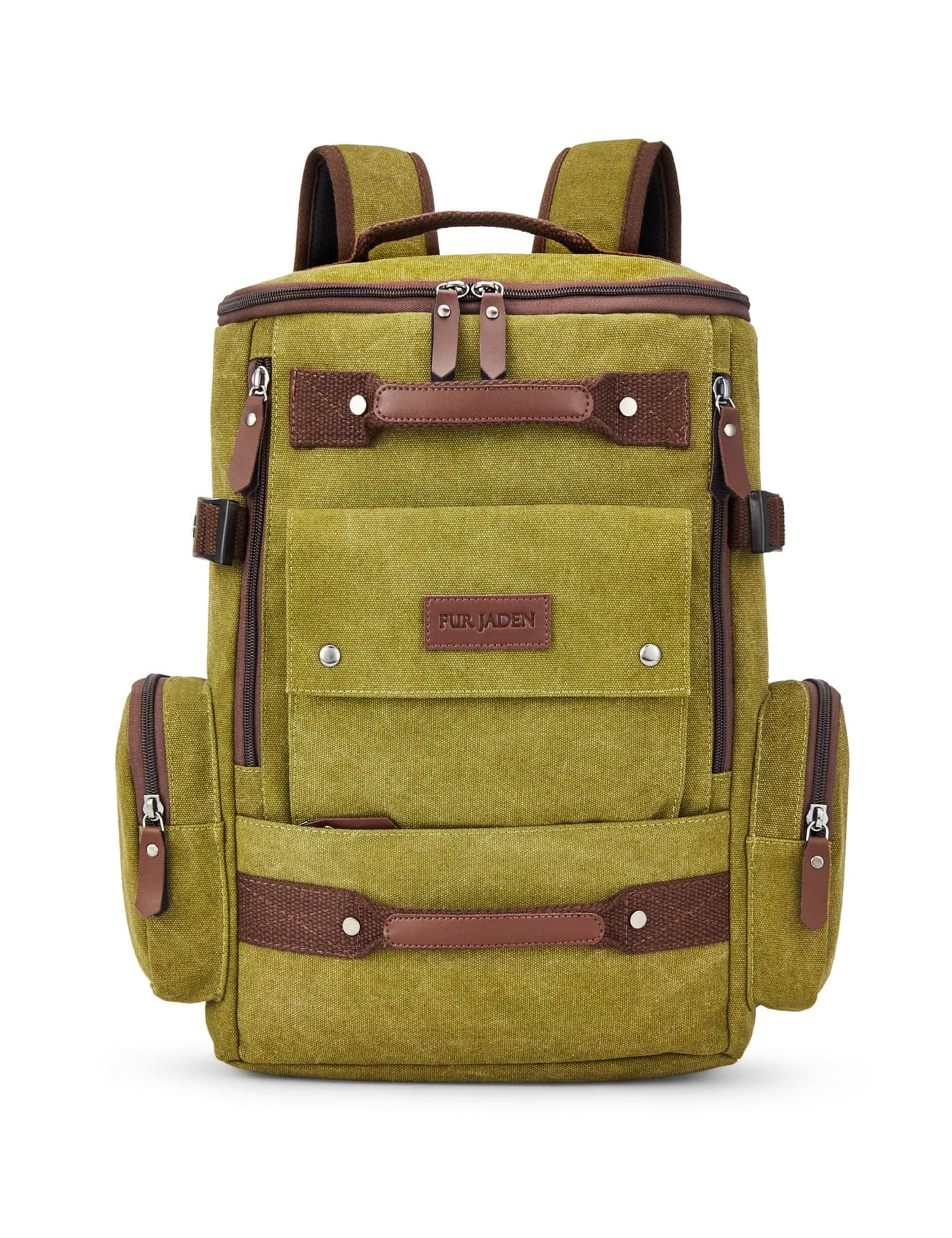 FUR JADEN Eco Friendly Travel 15.6 Inch Laptop Backpack Made of Water Resistant Sustainable Canvas and Vegan Leather for Men and Women for Travel Hiking Work (Green)