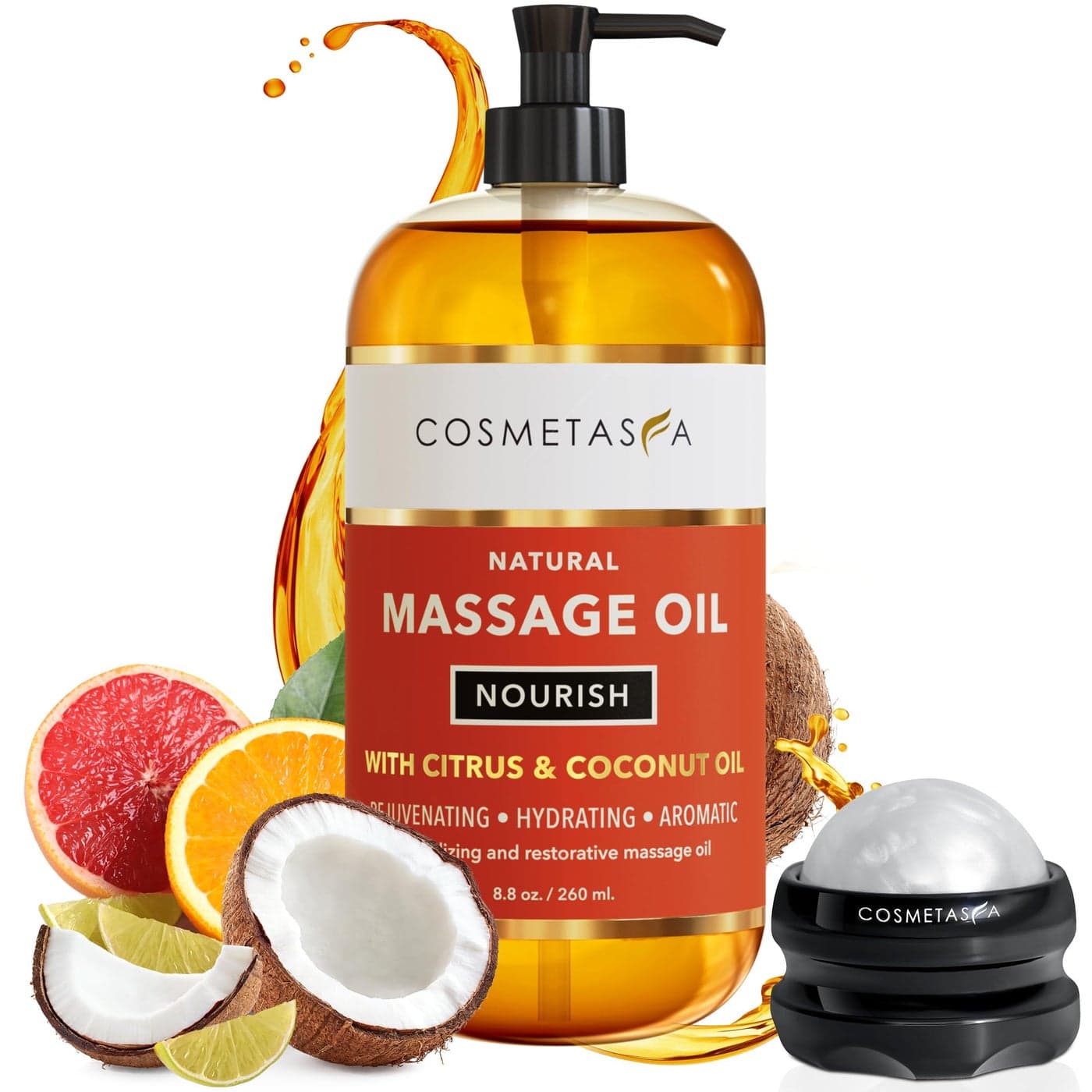 Natural Nourishing Massage Oil with Massage Roller Ball Therapeutic Citrus Coconut Massage Oils with Rejuvenating Hydrating Aromatic Essential Oils for Dry Skin Soothes Muscle Joints 88 oz