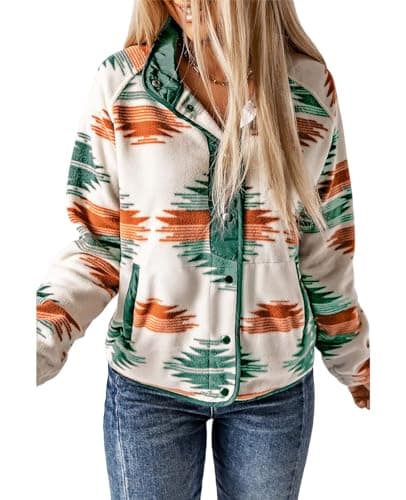 SELINK Womens Fleece Jacket Western Aztec Print Long Sleeve Snap Button Down Shacket Jackets with Pockets Green-M
