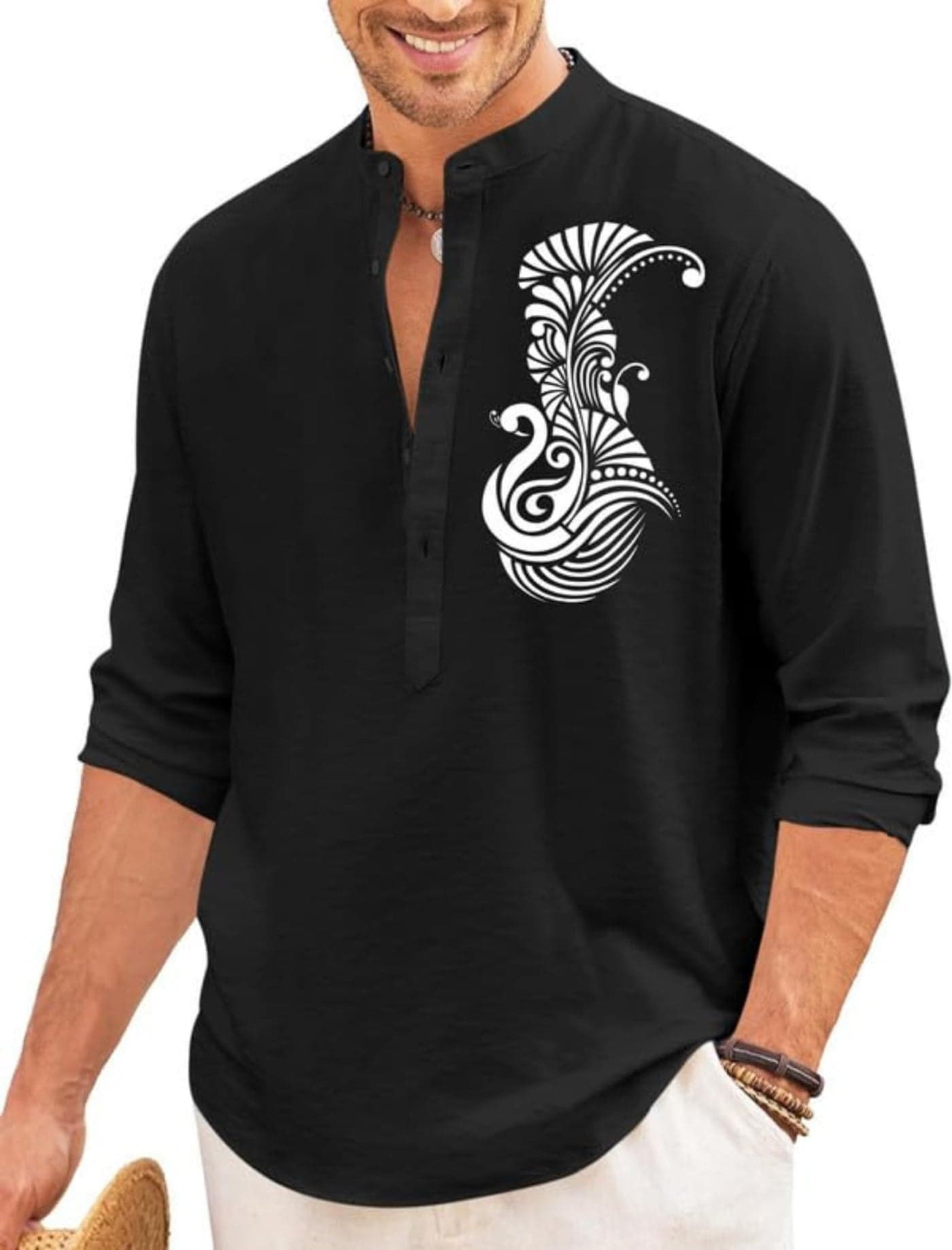 FINIVO FASHION Men’s Printed Cotton Blend Short Kurta with Artistic Chest Design | Stylish Full Sleeve Casual Kurta with Mandarin Collar for Daily, Travel Soft Textured Black