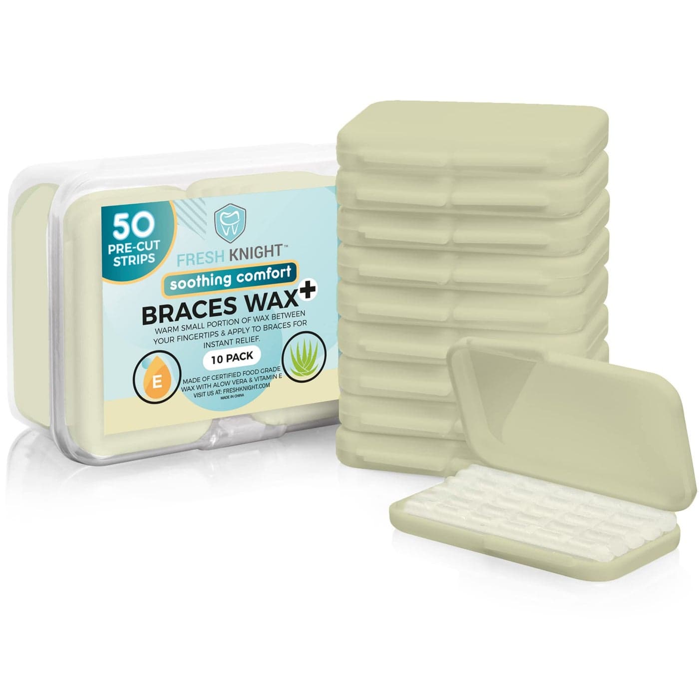 Braces Wax10 Pack Dental Wax for Braces Aligners 50 Premium Orthodontic WaxStrips for Teeth Vitamin E Aloe Includes storage case Food Grade Fresh Knight Vitamin E Aloe Vera