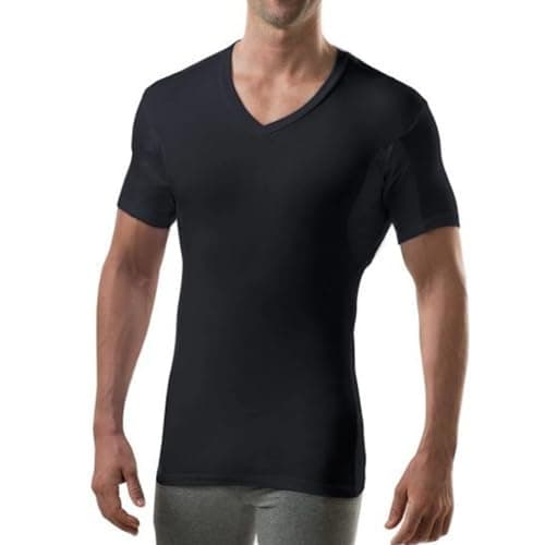 Men's Sweatproof Undershirt - V Neck T-Shirt with Underarm Sweat Pads - Slim Fit - Aluminum-Free Alternative - Black - Medium