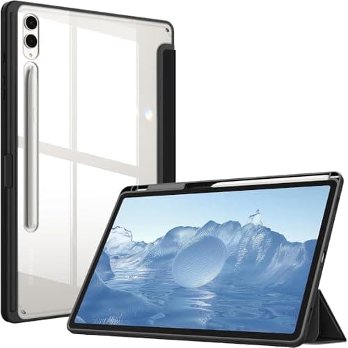 Casotec Clear Back Case | Right-Side Pencil Holder | Auto Wake/Sleep | Transparent PC Back | Soft TPU Bumper | Stand Cover for Samsung Tab S9 Plus 12.4 inch/Tab S9 FE Plus 12.4 inch - Black