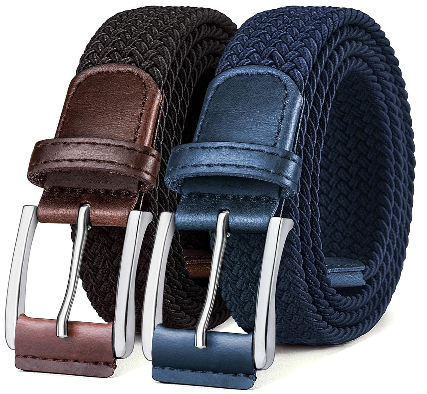 BULLIANT Belt for Men 2Pack,Mens Gift Stretch Braided Web Belt Elastic for Casual Golf Jeans,1 3/8"(Black/Antique Blue,30"-34" Waist Adjustable)