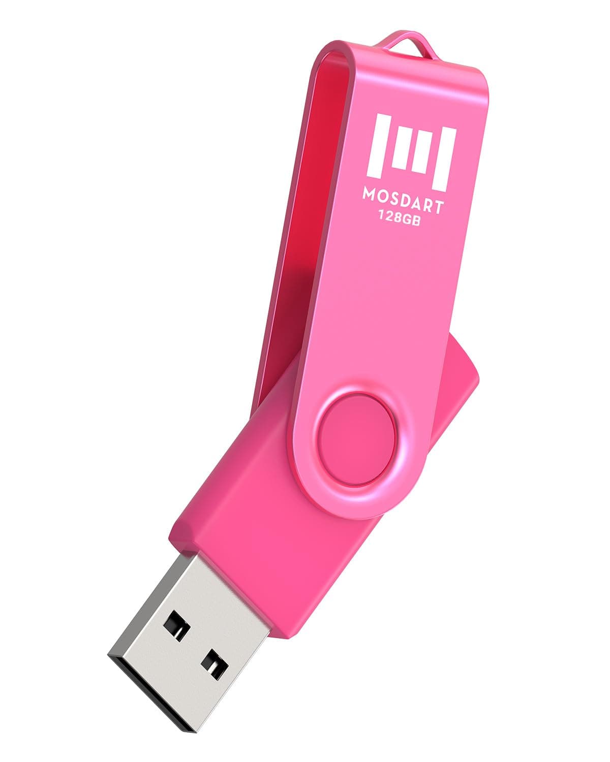 MOSDART 128GB USB 2.0 Flash Drive with Keychain Loop, Swivel Design with LED Light, exFAT Memory Stick for Computers, System Backup, Data Storage, Hot Pink