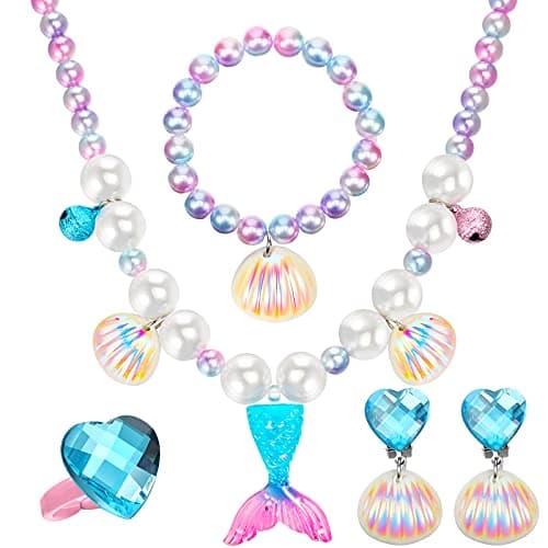 Jadive Mermaid Jewelry Set for Girls 4 Pcs Mermaid Necklace Bracelet Ring Earrings for Kids Little Girls Christmas Halloween Dress up Pretend Play Supplies Birthday GiftsCute StyleBlue