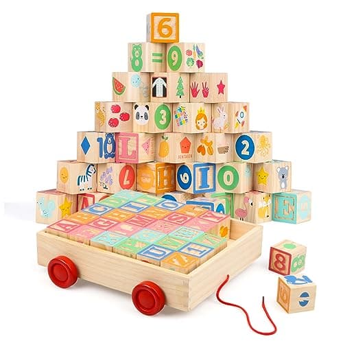 Joqutoys Wooden Building Blocks for Toddlers 13 Large Wood Baby Stacking Blocks Set for Kids 30 PCS Alphabet Blocks with Toy Wagon Educational Wooden Toys for Boys Girls Gifts 165