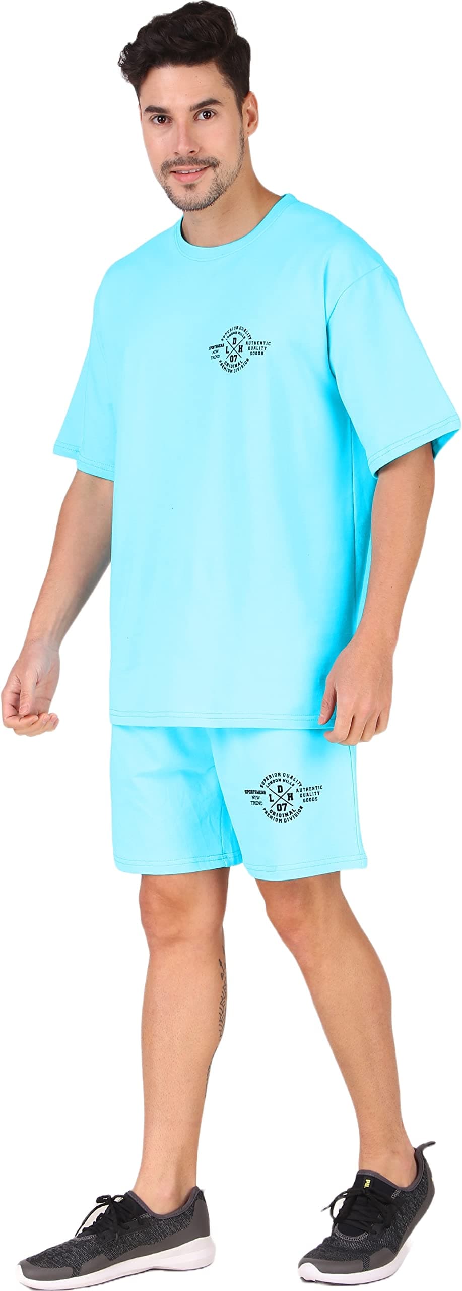 London Hills Cotton Blend Casual Round Neck Co-ord Set for Men's Light Blue