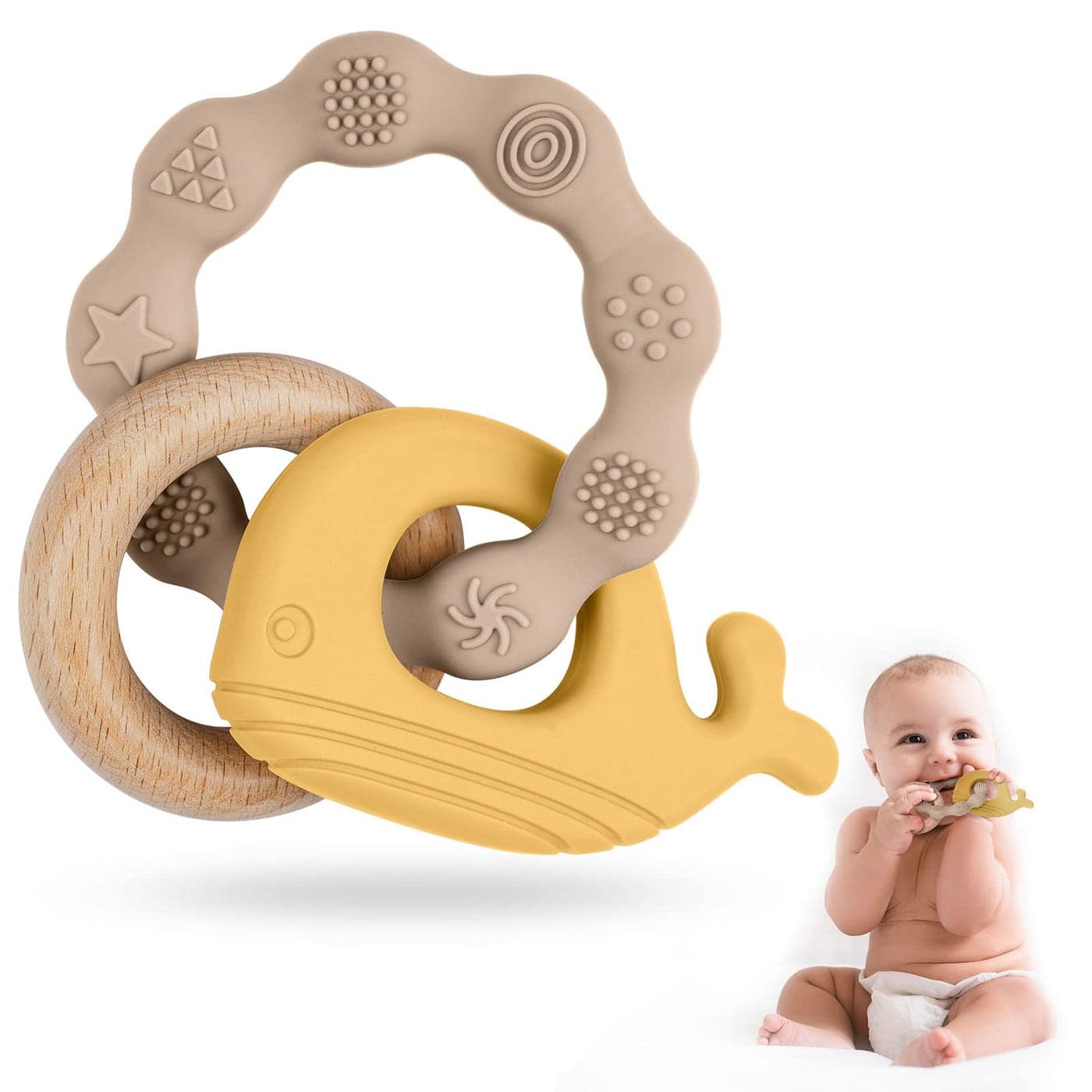 Vicloon Baby Teether Toys Silicone Natural Wood Teether Ring Baby Teething Toys for Babies 0 Months Silicone Chewable Rings for Newborn GiftYellow