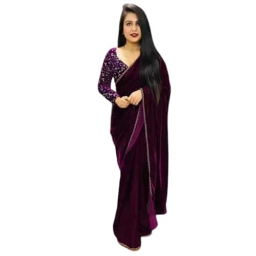 Dream Crushers Women's Heavy Velvet Solid Saree and Embroidered Unstitched Blouse Piece | Velvet Saree For Women