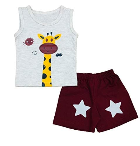 Infantbond Unisex-Child Cotton Printed Sleeveless T-Shirt and Short Clothing Set (6-9 Months, Giraffe Set), Grey