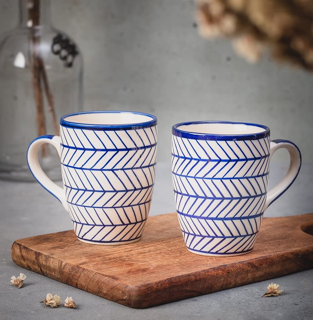 HS HINDUSTANI SAUDAGAR Indigo Bloom Coffee Mug Set of 2(275 ML Each) Microwave Safe Coffee Mugs Ceramic Milk Mug Ceramic Tea Mug Set Handmade Cup Best for Gift.