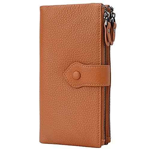 Bveyzi Women Soft Leather RFID Blocking Bifold Slim Wallets Ladies Credit Card Holder Double Zipper Pocket(Brown)