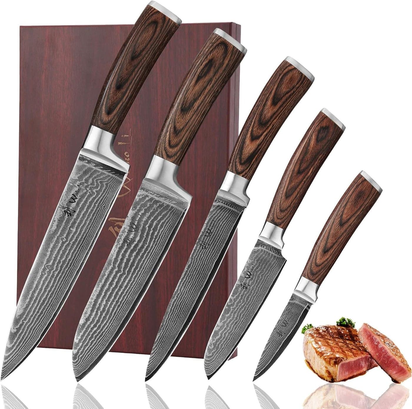 Wakoli EDIB 5-Piece Damascus Knife Set, Professional Kitchen Knives made of 67-Layer Damascus Steel with VG10 Core Blades, Ergonomic Pakkawood Handles, In Wooden Gift Box