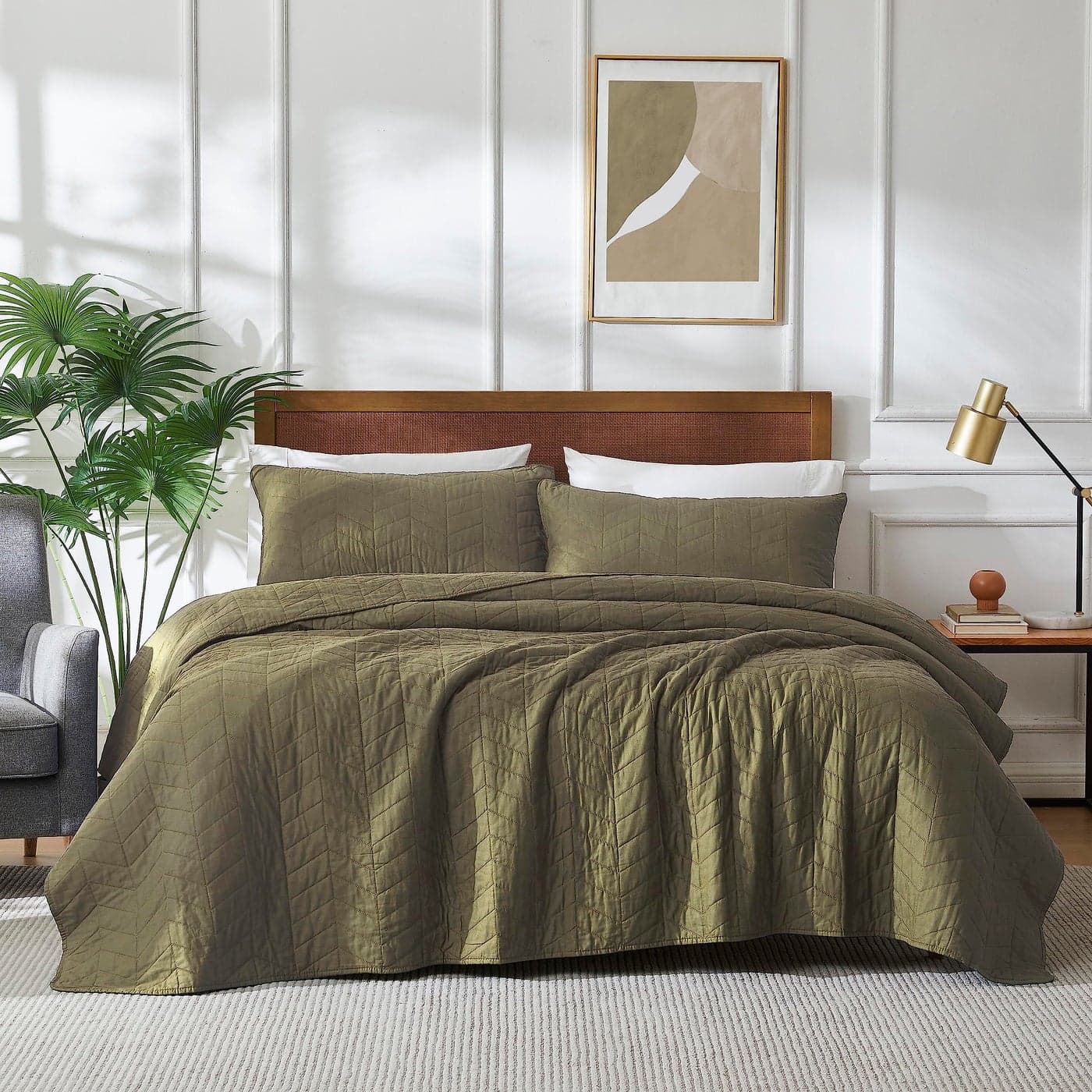 palassio Green Cotton Quilt Twin Size Bedding Sets with Pillow Shams Olive Lightweight Soft Bedspread Coverlet Sage Quilted Comforter Bed Cover for All Season 2 Pieces 68x86 inches