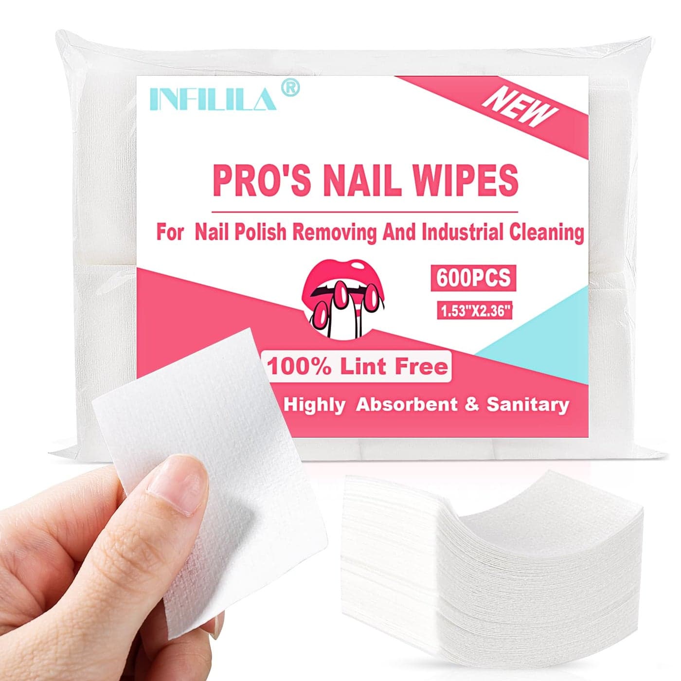 NXJ INFILILA Lint Free Nail Wipes 600CS Natural Wood Pulp Nail Prep Wipes Absorbent Acetone Nail Polish Remover Lash Extensions Glue Nail Cleaning Pads for Salon Supplies