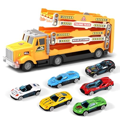 HONGTUO Race Track Truck Toy for Kids Foldable 3Layer Car Track Playset with 6 Vehicles Light Sound Transport Truck Christmas Birthday Gift for Boys and Girls Ages 36