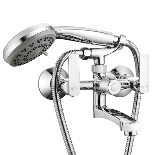 ALTON FAM3395 Brass, Wall Mixer With Crutuch and 5-Function Hand Shower Full Set, Chrome Finish