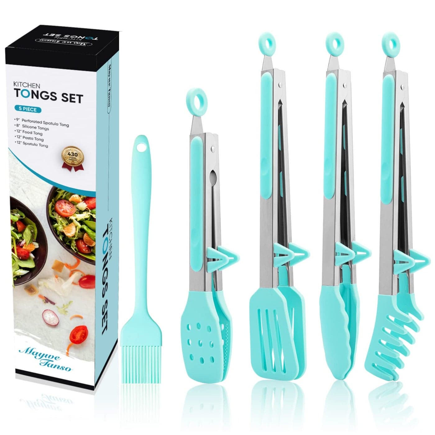 5Pack Silicone Tongs for CookingMaywe Tanso 4PCS 13Inch Kitchen Tongs with Silicone TipsNonstick Stainless Steel Tong for Steak Pie Pizza Pasta Spaghetti Salad BBQ BuffetPlus Brush