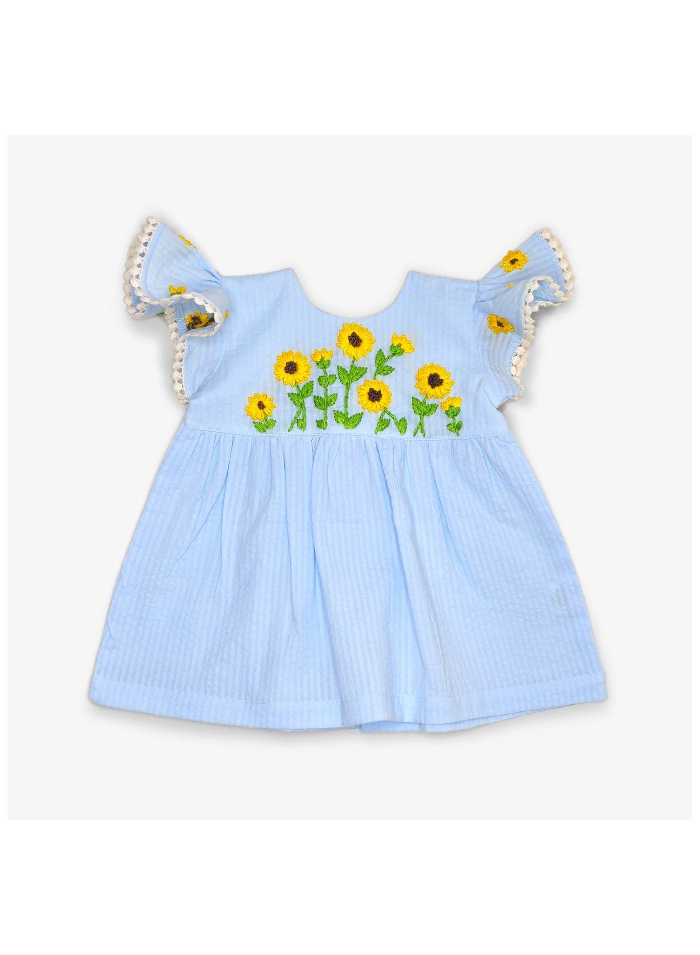 Keebee Organic Cotton Sunflower Embroidered Girls Blue Dress with Ruffled Sleeves