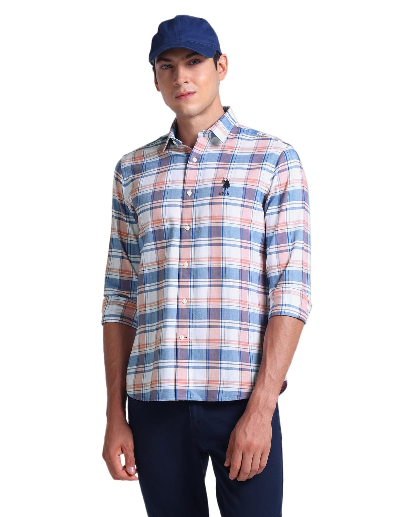 U.S. POLO ASSN. Checkered Tailored Fit Shirt for Men - 100% Cotton, Breathable & Comfortable, Full Sleeves Casual Shirt for Men Peach