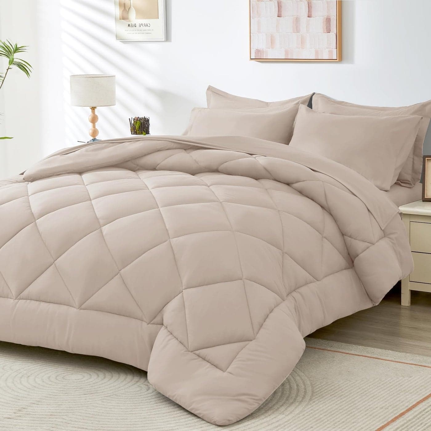 HEVUMYI Beige Tan Queen Comforter Set 7Piece All Season Bed in a Bag Queen Ultra Soft Bedding Set with Comforter Flat Sheet Fitted Sheet Pillowcases Pillow Shams Beige Tan