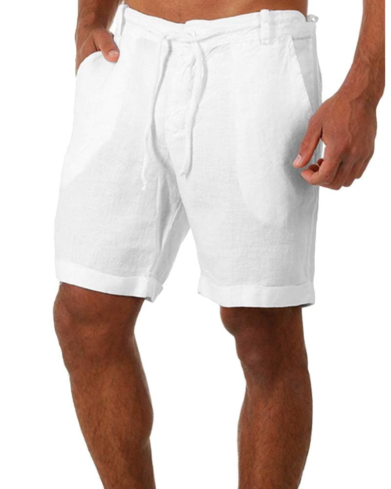 Men's Linen Casual Classic Shorts Elastic Waist Summer Beach Lightweight Board Slim-Fit with Pockets Cream White