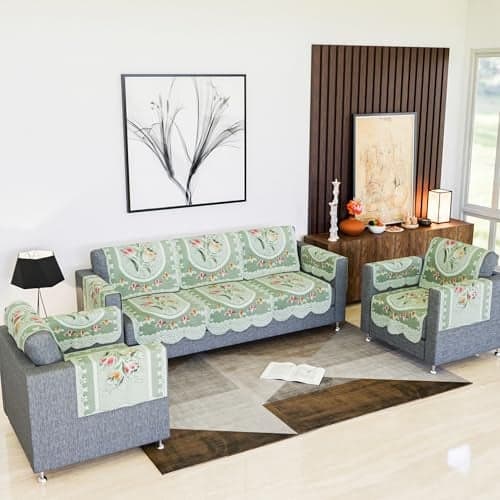 Kuber Industries | 5 Seater with Arms for Hall | Net Sofa Slipcover | Couch | for Hall & Living Room Décor | Tulip Printed | Green