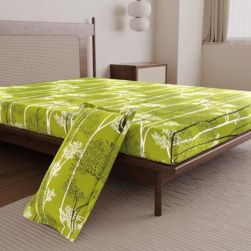 Divine Casa 144 TC 100% Cotton Single Bedsheet with 1 Pillow Cover | Skin-Friendly Fabric for Everyday Comfort | 223 X 145 CM | Floral Pattern | Tree Green