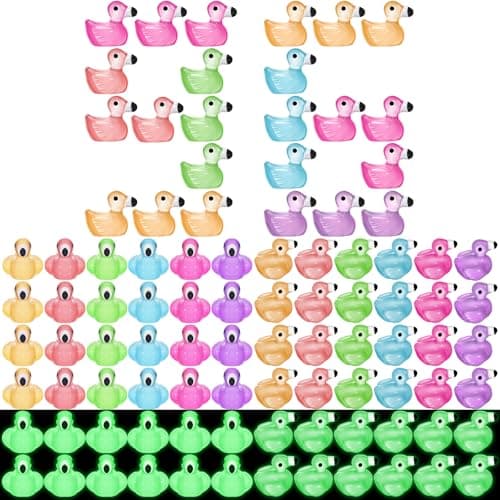 Syhood 96 Pcs Luminous Mini Flamingo Ducks Miniature Flamingo Figurines Glow in the Dark Resin Flamingo Tiny Duck Mini Resin Animals Figures for Cake Topper Garden Landscape Ornaments DIY Crafts