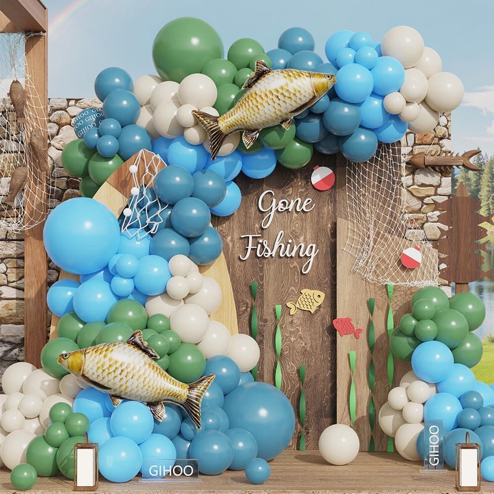 Fishing Birthday Party Decorations 145pcs Blue Gone Fishing Balloon Garland Arch Kit with Gaint Fish Balloons for Fishing Themed Baby Shower Party Decorations