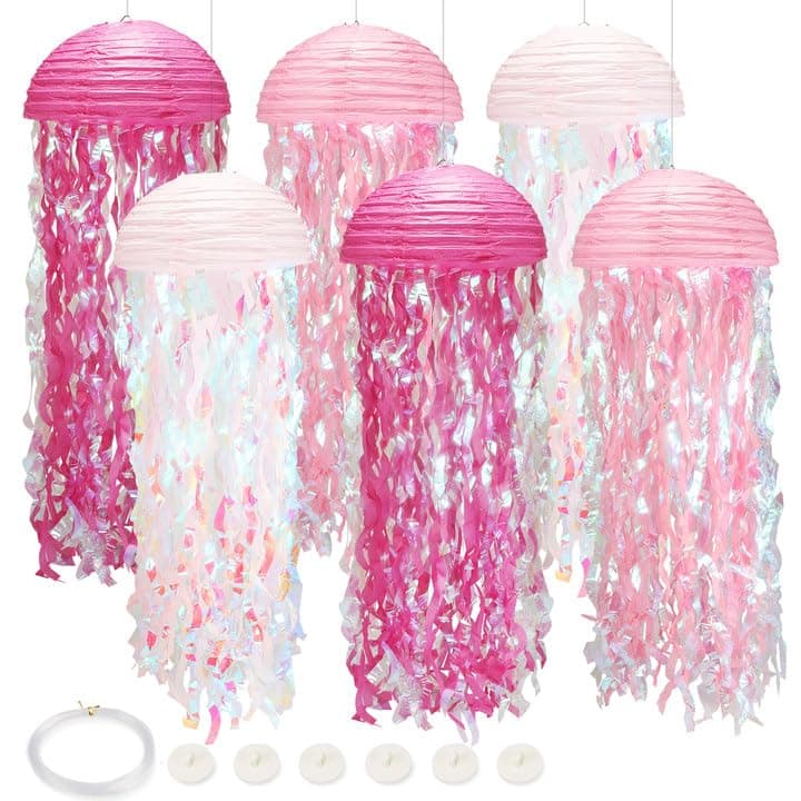 6pack Pink Jellyfish Lanterns, Under The Sea Party Decorations with Hooks+Rope, Hanging Jellyfish Paper Lanterns for Mermaid Party Ocean Beach, Birthday Baby Shower Baby Room