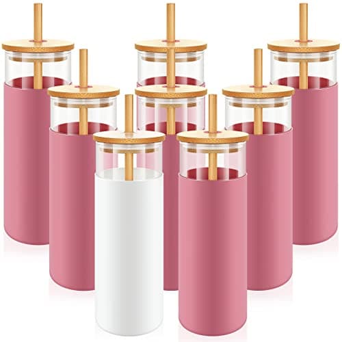 Nuenen 8 Pieces Bridesmaid Proposal Gifts Mason Jar Cups Bottle 176 oz Iced Coffee Tumbler Mug Reusable Water Glass Tumbler with Straw and Lid Bamboo Silicone Protective Sleeve for Drinking Wedding