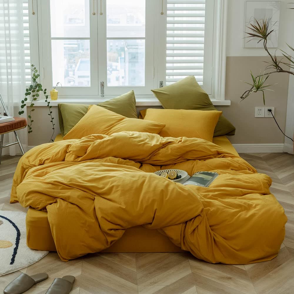 VM VOUGEMARKET Yellow Duvet Cover Sets KingJersey Knit Cotton Gold Bedding Set 1 Duvet Cover 2 Pillow ShamsSimple Luxury Down Comforter Cover with Zipper ClosureKingGold
