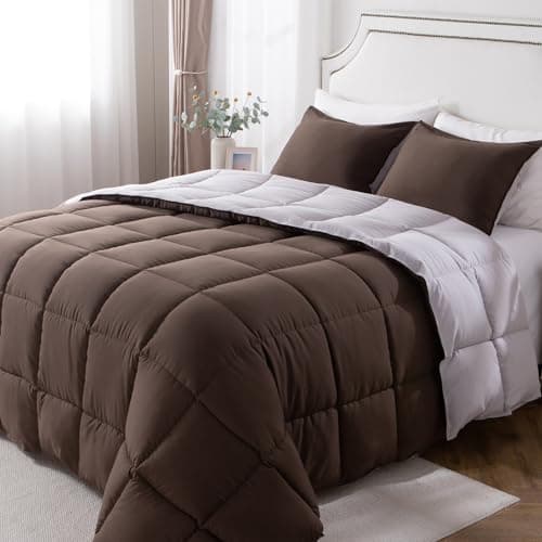 KASENTEX Reversible No-Shrink Queen Size Comforter Set with 2 Shams - Down Alternative Duvet Insert with Corner Ties, Lightweight, Ultra Soft, Machine Washable, All-Season(Silver/Chocolate Brown)