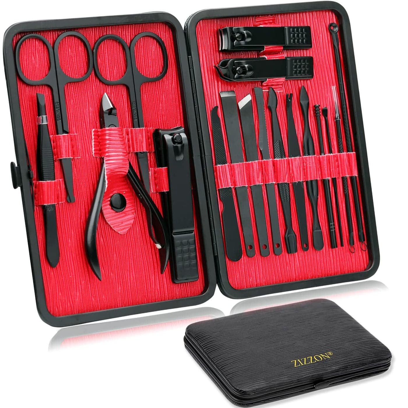 ZIZZON Manicure Set 18 in 1 Professional Pedicure Set Nail scissors Grooming Kit with Leather Travel Case BlackRed