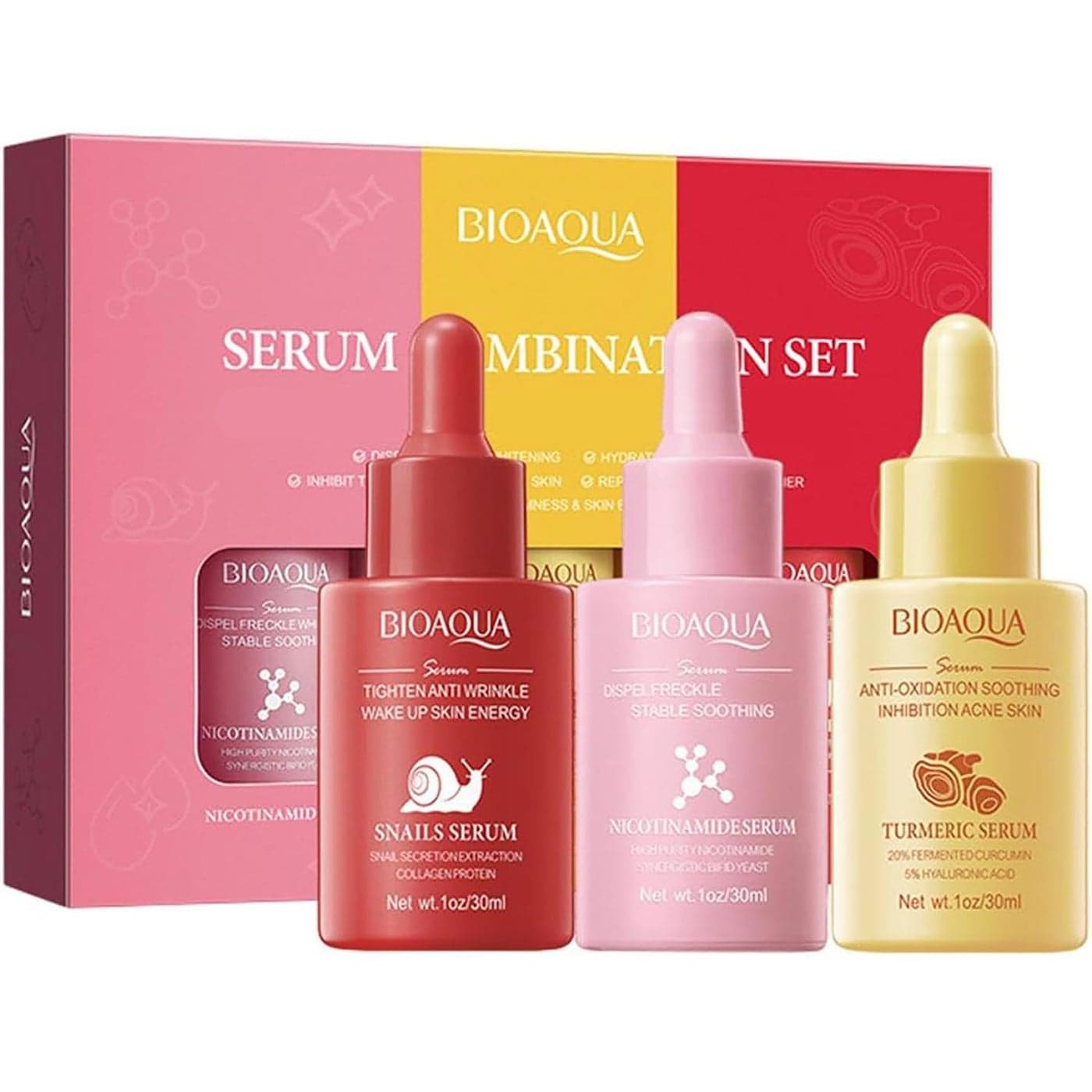 BIOAQUA 3in1 Facial Serum Combination Set Moisturizing Nicotinamide Turmeric Snail Secretion AntiOxidation Hydrate AntiWrinkle Tender Face Skin 3x 30ml 1floz